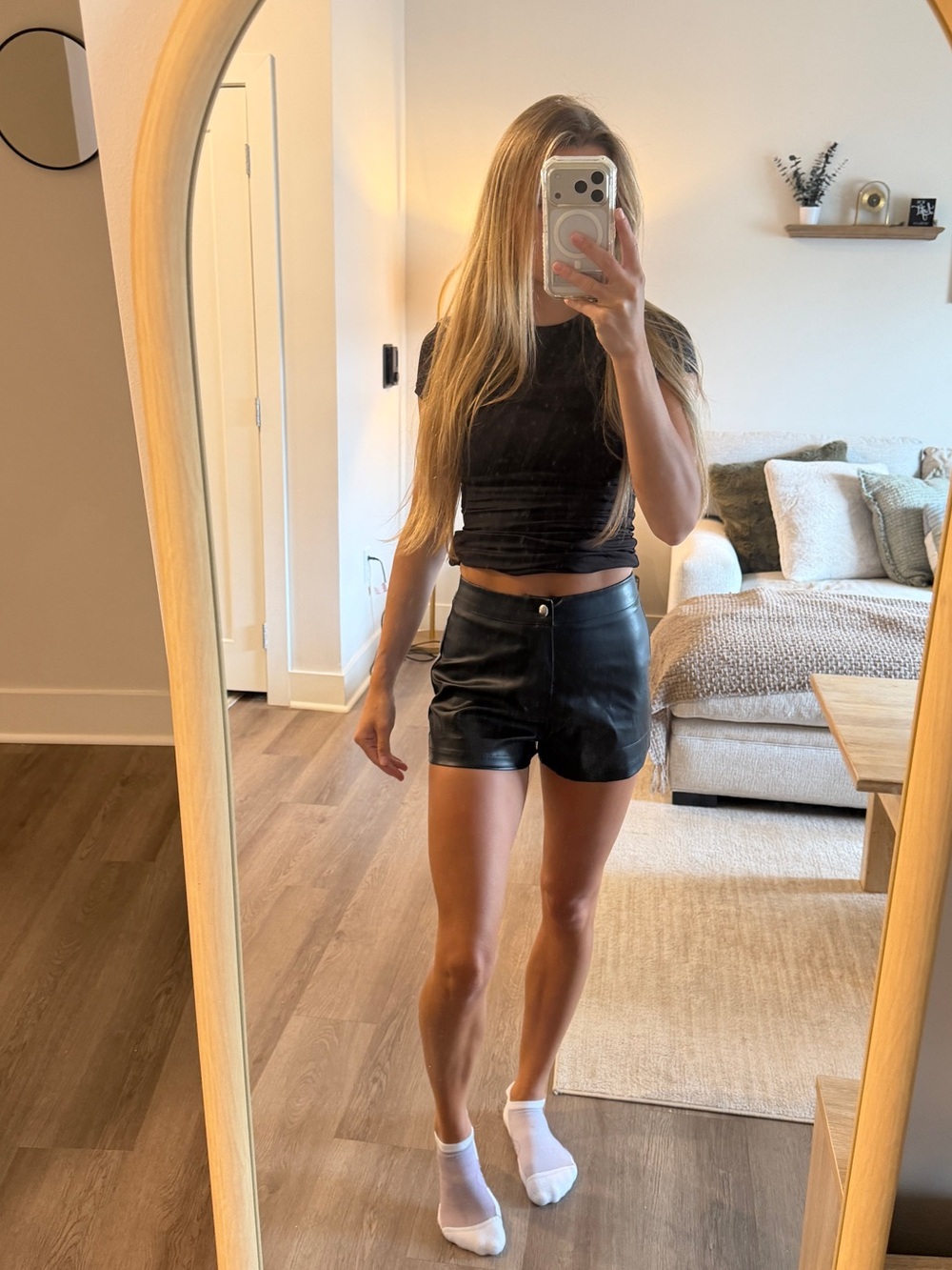 High-Rise Black Faux Leather Women's Shorts